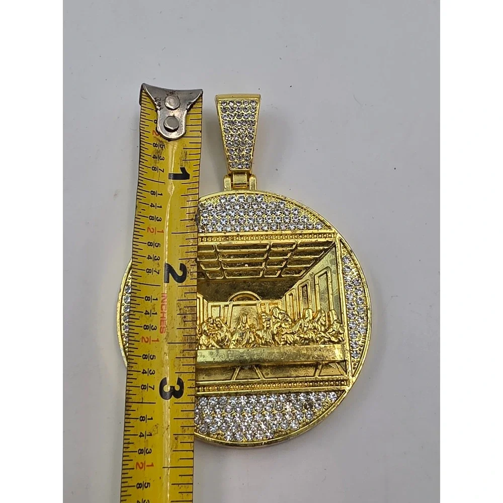 Gold Tone Last Supper Medallion Pendant Iced Out Rhinestone Hip Hop Religious